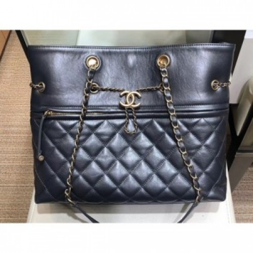 Chanel Drawstring Shopping Tote Bag with Zip Dark Silver Gray 2019 AQ01215 Chanel Drawstring Shopping Tote Bag with Zip Dark Silver Gray 2019 AQ01215