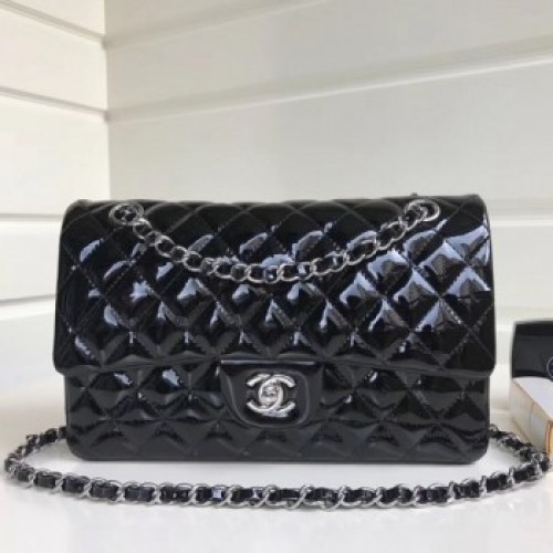 Chanel Patent Calfskin Medium Classic Flap Bag A1112 Black(Silver Hardware) Collection AQ01300