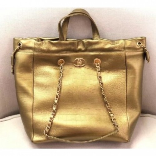 Chanel Metallic Crocodile Embossed Large Shopping Bag AS0801 Gold 2019 AQ03355 Chanel Metallic Crocodile Embossed Large Shopping Bag AS0801 Gold 2019 AQ03355