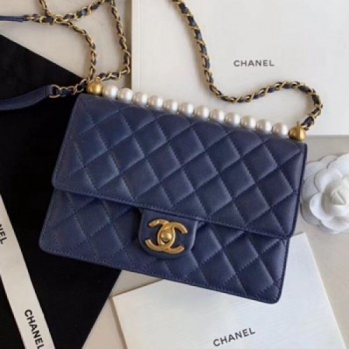 Chanel Quilted Iridescent Lambskin Pearls Flap Bag AS0585 Blue 2019 Collection AQ03676
