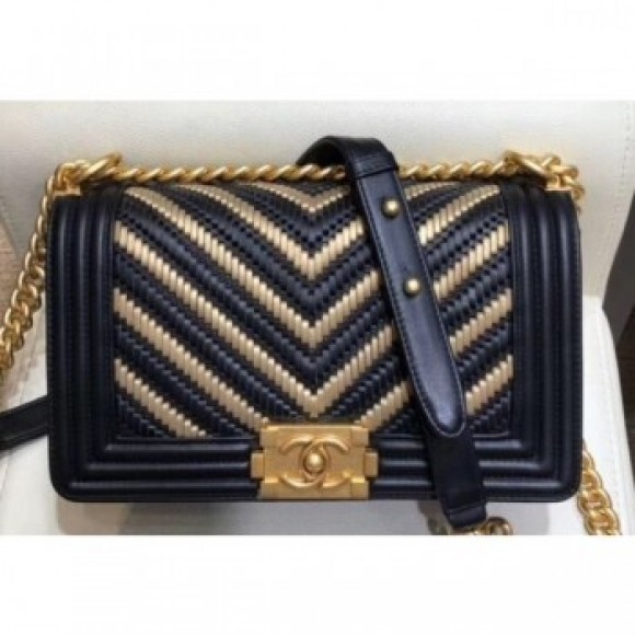 Chanel Metallic Boy Medium Flap Bag Chevron Black/Gold 2019 AQ00987 Chanel Metallic Boy Medium Flap Bag Chevron Black/Gold 2019 AQ00987