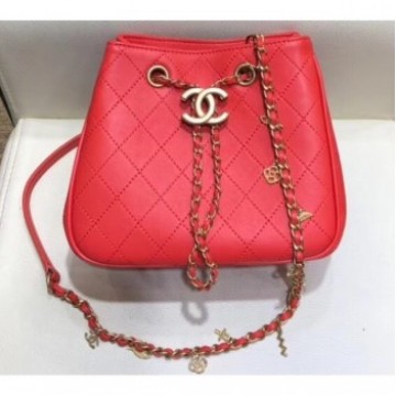 Chanel Charms Lambskin Drawstring Bucket Mini Bag Red 2019 AQ00950 Chanel Charms Lambskin Drawstring Bucket Mini Bag Red 2019 AQ00950