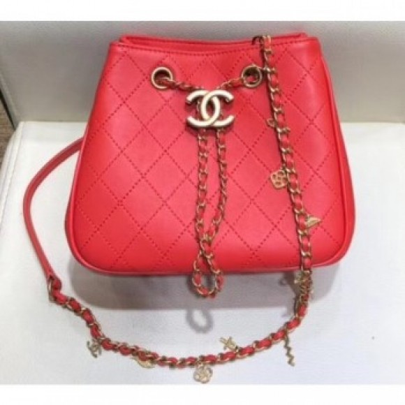 Chanel Charms Lambskin Drawstring Bucket Mini Bag Red 2019 AQ00950 Chanel Charms Lambskin Drawstring Bucket Mini Bag Red 2019 AQ00950