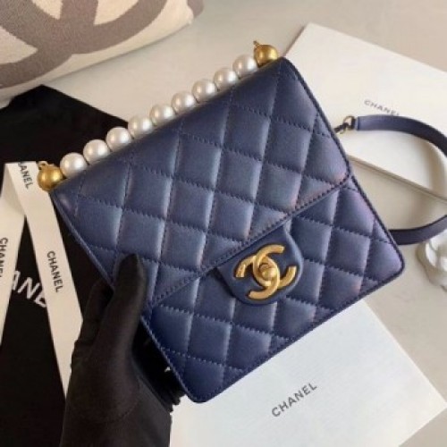 Chanel Quilted Iridescent Lambskin Pearls Flap Bag AS0584 Blue 2019 Collection AQ00595