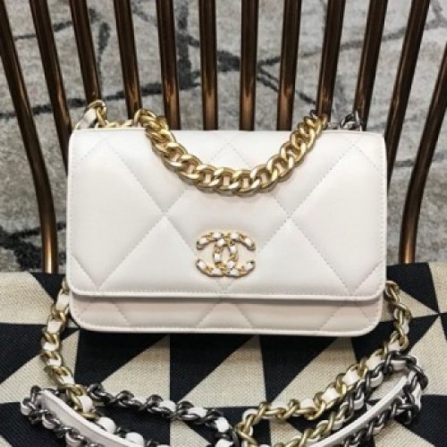 Chanel 19 Quilted Goatskin Wallet on Chain WOC AP0957 White 2019 Collection AQ01316 Chanel 19 Quilted Goatskin Wallet on Chain WOC AP0957 White 2019 Collection AQ01316