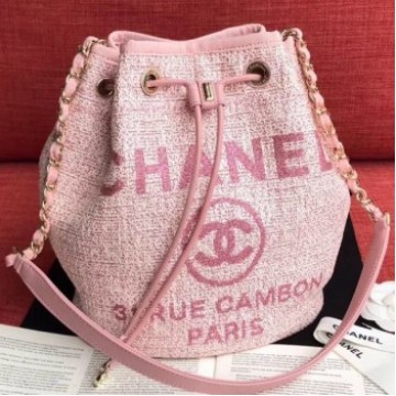 Chanel Fabric Logo Print Small Drawstring Bucket Bag Pink 2019 Collection AQ03027