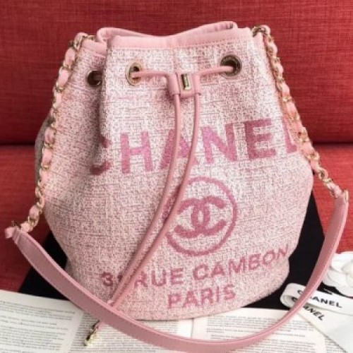 Chanel Fabric Logo Print Small Drawstring Bucket Bag Pink 2019 Collection AQ03027 Chanel Fabric Logo Print Small Drawstring Bucket Bag Pink 2019 Collection AQ03027