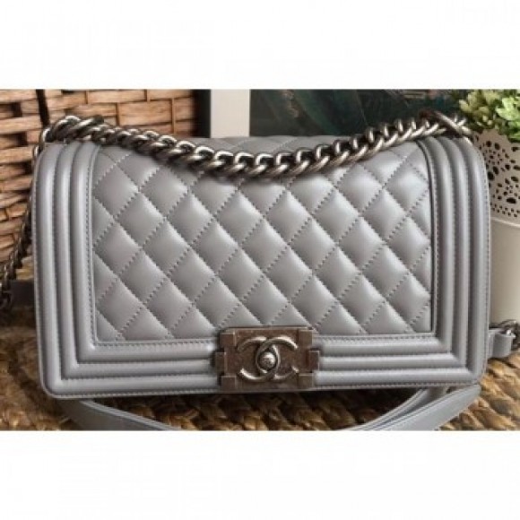 Chanel Lambskin Boy Flap Medium Bag Gray/Silver AQ04076 Chanel Lambskin Boy Flap Medium Bag Gray/Silver AQ04076