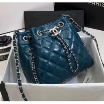 Chanel Aged Calfskin Drawstring Bag With Chain Edge AS1803 Blue 2020 Collection AQ03520 Chanel Aged Calfskin Drawstring Bag With Chain Edge AS1803 Blue 2020 Collection AQ03520