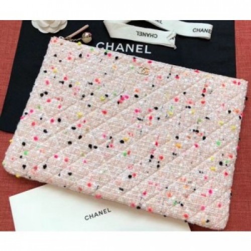 Chanel Cotton Tweed Classic Pouch Clutch Bag A82545 Nude Pink 2019 AQ00585 Chanel Cotton Tweed Classic Pouch Clutch Bag A82545 Nude Pink 2019 AQ00585