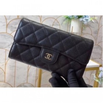 Chanel Classic Long Flap Wallet A31506 Grained Calfskin Black AQ03771