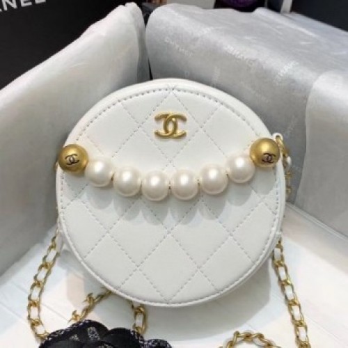 Chanel Quilted Leather Pearl Round Clutch with Chain White 2019 Collection AQ03654 Chanel Quilted Leather Pearl Round Clutch with Chain White 2019 Collection AQ03654
