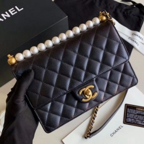 Chanel Quilted Iridescent Lambskin Pearls Flap Bag AS0585 Black 2019 Collection AQ01234 Chanel Quilted Iridescent Lambskin Pearls Flap Bag AS0585 Black 2019 Collection AQ01234