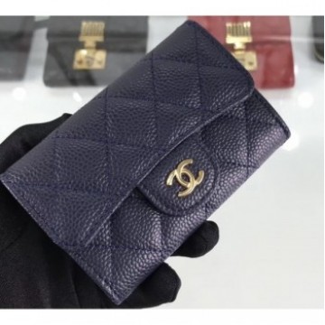 Chanel Grained Leather Classic Flap Card Holder A80799 Navy Blue/Gold AQ03620