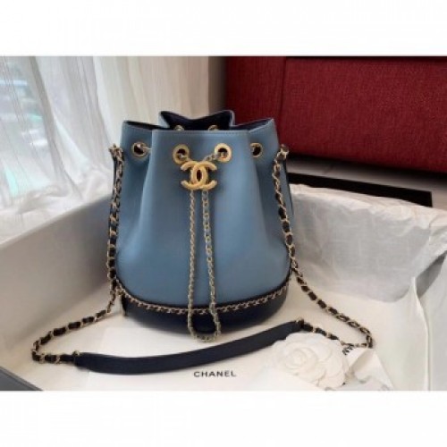 Chanel drawstring bag Calfskin &amp; Gold-Tone Metal AS0537 blue AQ00642