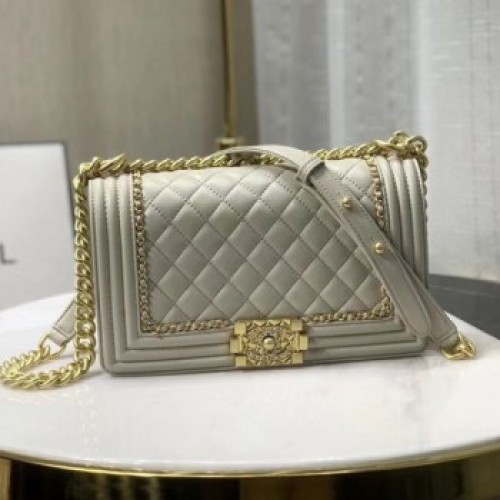 Chanel Quilted Calfskin Chain Medium Boy Flap Bag A67086 Gray 2019 Collection AQ04095 Chanel Quilted Calfskin Chain Medium Boy Flap Bag A67086 Gray 2019 Collection AQ04095