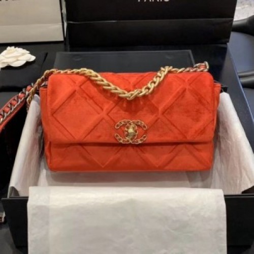 Chanel 19 Quilted Velvet Small Flap Bag AS1160 Orange 2019 Collection AQ01586 Chanel 19 Quilted Velvet Small Flap Bag AS1160 Orange 2019 Collection AQ01586