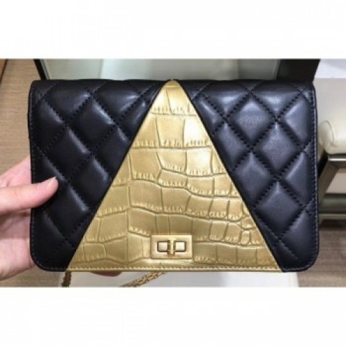 Chanel Reissue 2.55 Lambskin and Crocodile Embossed Calfskin Wallet on Chain WOC Bag AP0612 Black/Gold 2019 AQ02670 Chanel Reissue 2.55 Lambskin and Crocodile Embossed Calfskin Wallet on Chain WOC Bag AP0612 Black/Gold 2019 AQ02670