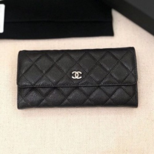 Chanel Classic Quilted Grained Leather Flap Wallet A50096 Black/Silver Collection AQ01664