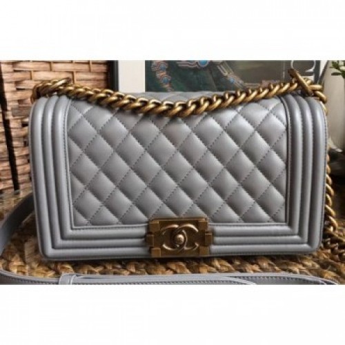 Chanel Lambskin Boy Flap Medium Bag Gray/Gold AQ03075