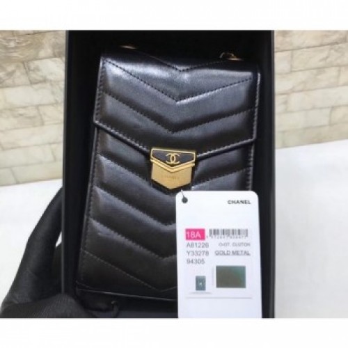 Chanel Chevron Vintage Logo Calfskin Clutch with Chain Phone Bag A81226 Black 2018 AQ01732