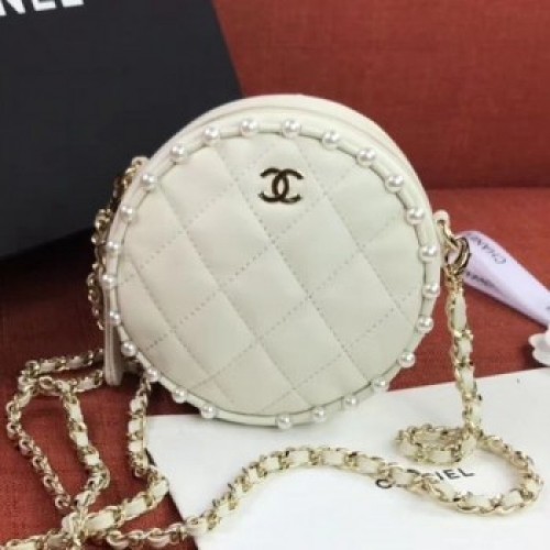 Chanel Quilted Leather Pearl Round Clutch with Chain White 2020 Collection AQ00781