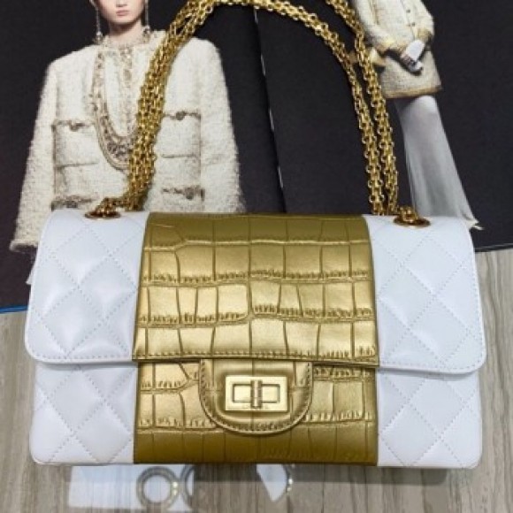 Chanel Lambskin and Crocodile Embossed Calfskin Medium 2.55 Flap Bag A37586 White/Gold 2019 Collection AQ02098 Chanel Lambskin and Crocodile Embossed Calfskin Medium 2.55 Flap Bag A37586 White/Gold 2019 Collection AQ02098