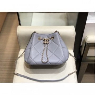 Chanel Quilted Lambskin Small Drawstring Bucket Bag AS1801 Gray/Gold 2020 Collection AQ01564 Chanel Quilted Lambskin Small Drawstring Bucket Bag AS1801 Gray/Gold 2020 Collection AQ01564
