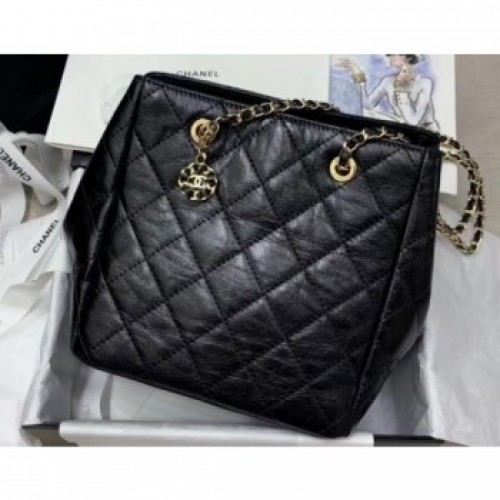 Chanel Crinkled Calfskin Shopping Tote Bag Black 2020 AQ01488