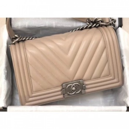 Chanel Lambskin Chevron Boy Flap Medium Bag Beige AQ01869 Chanel Lambskin Chevron Boy Flap Medium Bag Beige AQ01869