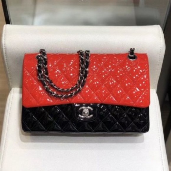 Chanel Quilted Patent Calfskin Medium Classic Flap Bag A01112 Red/Black/Silver 2019 Collection AQ02867 Chanel Quilted Patent Calfskin Medium Classic Flap Bag A01112 Red/Black/Silver 2019 Collection AQ02867