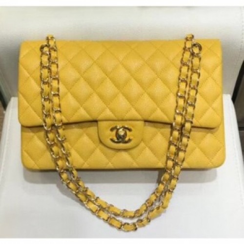 Chanel Grained Caflskin Medium Classic Flap Bag A01112 Yellow With Gold Hardware AQ04234