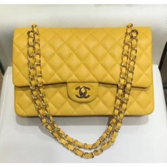 Chanel Grained Caflskin Medium Classic Flap Bag A01112 Yellow With Gold Hardware AQ04234 Chanel Grained Caflskin Medium Classic Flap Bag A01112 Yellow With Gold Hardware AQ04234