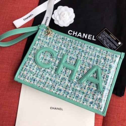 Chanel PVC and Tweed Large Pouch AP0360 Green 2019 Collection AQ02050 Chanel PVC and Tweed Large Pouch AP0360 Green 2019 Collection AQ02050