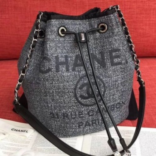 Chanel Fabric Logo Print Small Drawstring Bucket Bag Black 2019 Collection AQ02479 Chanel Fabric Logo Print Small Drawstring Bucket Bag Black 2019 Collection AQ02479