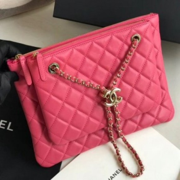 Chanel Quilted Shiny Lambskin Double Clutch with Chain AP1073 Pink 2019 Collection AQ00954 Chanel Quilted Shiny Lambskin Double Clutch with Chain AP1073 Pink 2019 Collection AQ00954