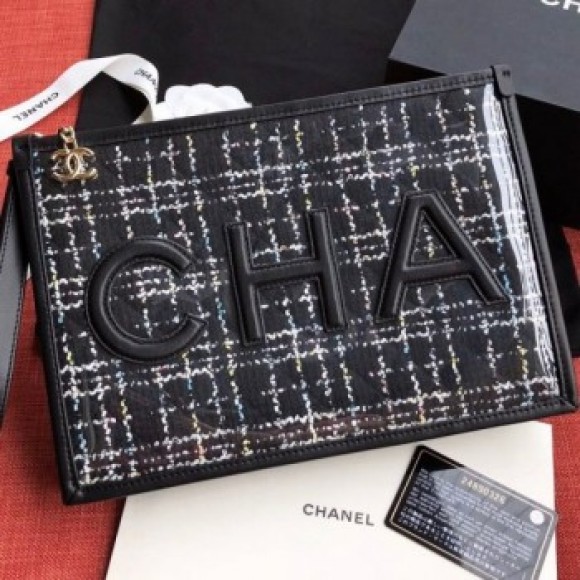 Chanel PVC and Tweed Large Pouch AP0360 Black 2019 Collection AQ02881 Chanel PVC and Tweed Large Pouch AP0360 Black 2019 Collection AQ02881