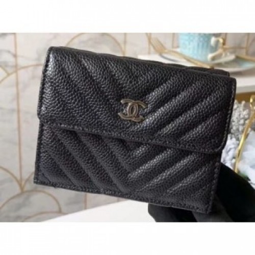 Chanel Chevron Small Flap Wallet 31581 Grained Calfskin Black AQ01677