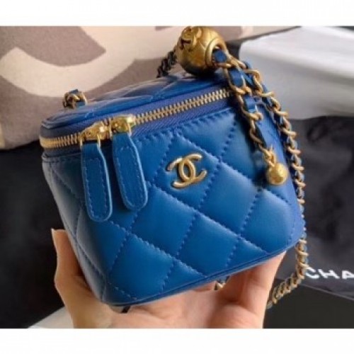 Chanel Pearl on Chain Small Classic Box with Chain Bag AP1447 Blue 2020 AQ03937 Chanel Pearl on Chain Small Classic Box with Chain Bag AP1447 Blue 2020 AQ03937