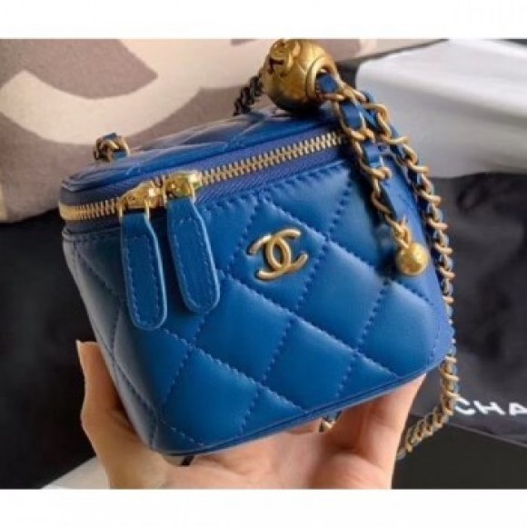Chanel Pearl on Chain Small Classic Box with Chain Bag AP1447 Blue 2020 AQ03937 Chanel Pearl on Chain Small Classic Box with Chain Bag AP1447 Blue 2020 AQ03937