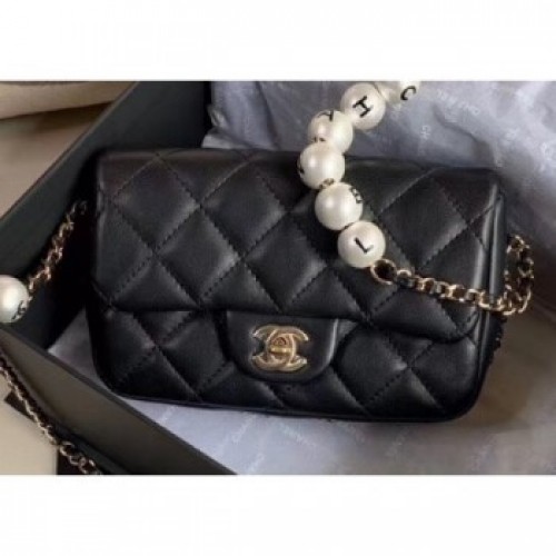 Chanel Logo Chain Pearl Small Flap Bag AS1436 Black 2020 AQ00989