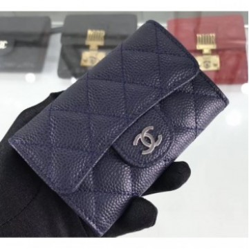 Chanel Grained Leather Classic Flap Card Holder A80799 Navy Blue/Silver AQ02671
