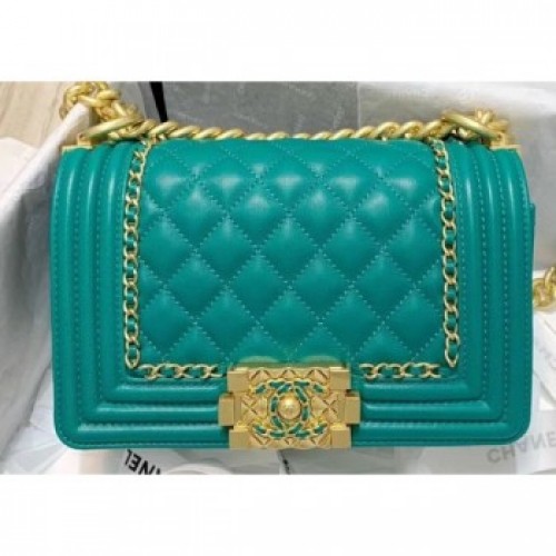 Chanel Boy Flap Small Bag with Chain Trim Turquoise Green Cruise 2020 AQ03813