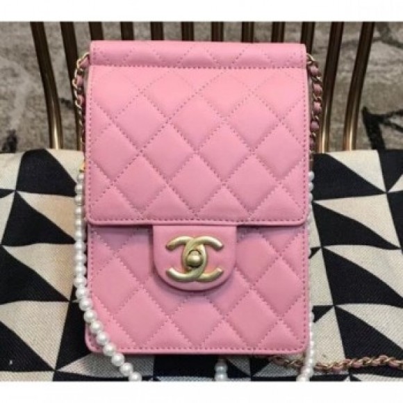 Chanel Lambskin with Pearls Mini Flap Bag AS0580 Pink 2019 AQ00986 Chanel Lambskin with Pearls Mini Flap Bag AS0580 Pink 2019 AQ00986
