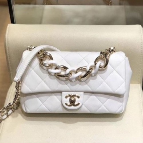 Chanel Quilted Lambskin Flap Bag with Resin Chain AS1353 White 2019 Collection AQ01808 Chanel Quilted Lambskin Flap Bag with Resin Chain AS1353 White 2019 Collection AQ01808