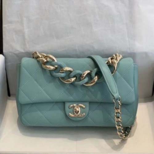 Chanel Quilted Lambskin Medium Flap Bag with Resin Chain AS1353 Light Blue 2019 Collection AQ03858 Chanel Quilted Lambskin Medium Flap Bag with Resin Chain AS1353 Light Blue 2019 Collection AQ03858