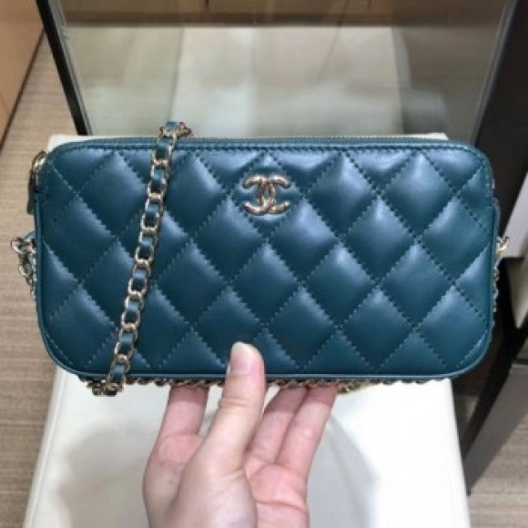 Chanel Quilted Lambskin Double Clutch with Chain AP0738 Blue 2019 Collection AQ01260 Chanel Quilted Lambskin Double Clutch with Chain AP0738 Blue 2019 Collection AQ01260