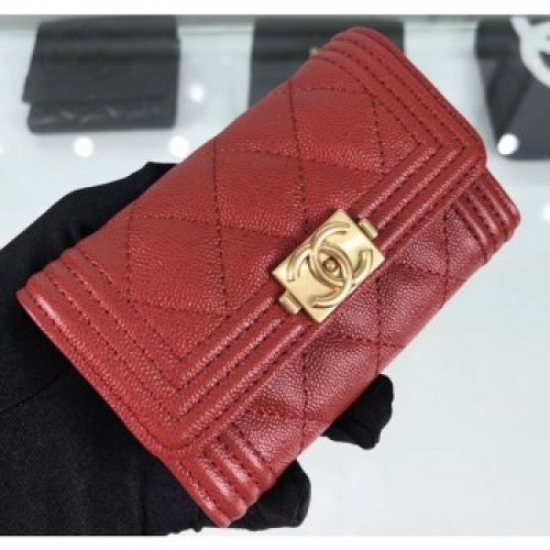 Chanel Grained Calfskin Boy Flap Card Holder A80603 Red/Gold AQ02292 Chanel Grained Calfskin Boy Flap Card Holder A80603 Red/Gold AQ02292