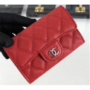 Chanel Grained Leather Classic Flap Card Holder A80799 Red/Silver AQ03241