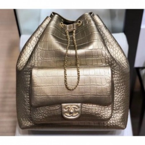 Chanel Crocodile Embossed Calfskin Large Backpack Bag AS0800 Metallic Gold 2019 AQ03906 Chanel Crocodile Embossed Calfskin Large Backpack Bag AS0800 Metallic Gold 2019 AQ03906